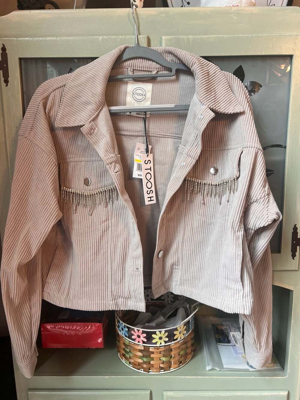 Stoosh Beige Corduroy Rhinestone Fringe Jacket Size M - Picture 2 of 6